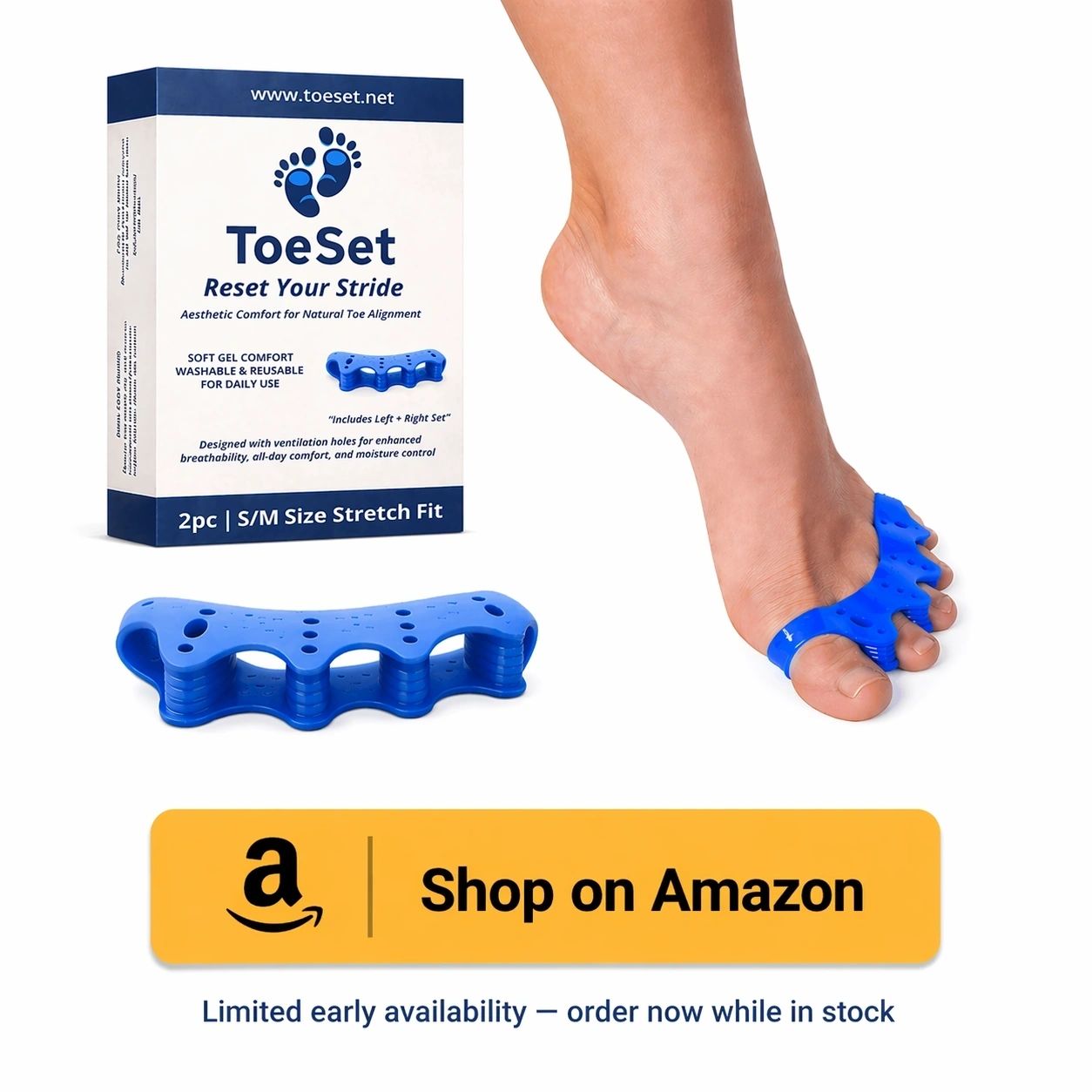 Woman putting on ToeSet gel toe separators as part of her daily wellness routine